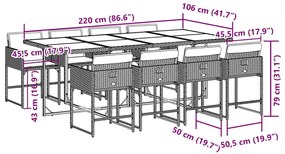 9 pcs conjunto de jantar p/ jardim c/ almofadões vime PE cinza
