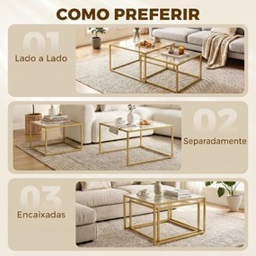 2 Mesas de Centro Ninho Modernas com Vidro Temperado e Estrutura Metálica 75x75x42 cm Dourado