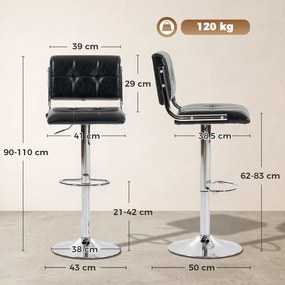 Conjunto de 2 bancos de bar, altura ajustável, giratórios a 360°, assento almofadado, encosto e apoio para os pés, preto