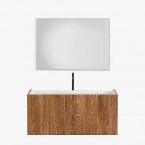 Conjunto De Móvel De Casa De Banho Suspenso 120x50 Cm Em Madeira Com Lavatório Integrado Fiore Castanho Fresno & Led Retangular - Sklum