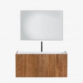 Conjunto De Móvel De Casa De Banho Suspenso Em Madeira Com Lavatório Integrado Fiore Castanho Fresno & Led Retangular E Anti-embaciamento - Sklum