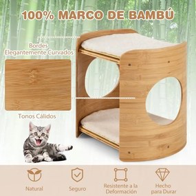 Torre para gatos pequenos de 2 níveis com estrutura de bambu Tapete de pelúcia macio amovível e lavável Buracos para gatos laváveis Bege