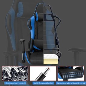 Cadeira giratória para gaming ergonómica para computador Reclinável Ajustável em estilo Carrera com almofada lombar Azul e preta