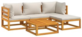 5 pcs conj. lounge de jardim madeira c/ almofadões cinza-claro