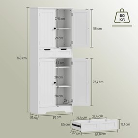 Móvel de casa de banho 60 x 30 x 160 cm, móvel de arrumação com gaveta e 4 portas, estilo moderno, branco