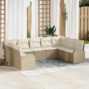 vidaXL Conjunto de Sofá de Jardim de 9 Peças com Almofadas Bege Rattan Polimérico