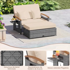 Conjunto de Sofá-Cama de Jardim, Otomana de Arrumação e 2 Mesas Laterais, 164 x 72-111 x 54,5-88 cm, Encosto Regulável em 4 Níveis, Cinzento e Bege