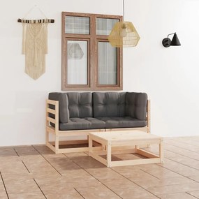 vidaXL 3 pcs conjunto lounge de jardim c/ almofadões pinho maciço