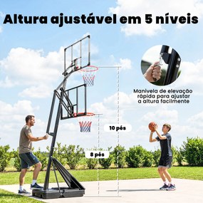 Tabela de Basquetebol para Exterior Ajustável de 245-305 cm com Rodas Base Preenchível e Sistema de Retorno Preto