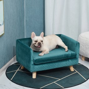 Sofá-cama para cães com design escandinavo, almofada macia e pés em madeira maciça; dimensões: 64 x 45 x 36 cm; veludo azul-pato