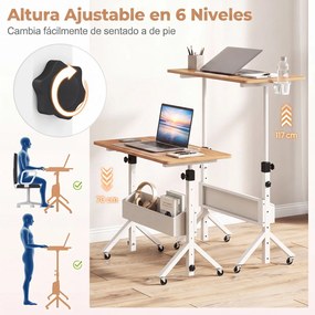 Secretária Elevatória Móvel, 80 x 40 x 70-117 cm, Rodas com Travão, Natural