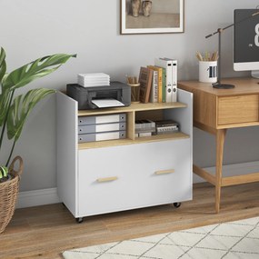 Armário para Escritório Armário para Arquivos com Rodas e Barra Suspensa para Tamanho A4 76x40x75,5 cm Branco e Madeira