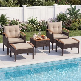 Conjunto jardim de 5 peças de vime para jardim, com 2 poltronas, 2 pufes, mesa auxiliar, almofadas e tampo em madeira de acácia Castanho misturado e a