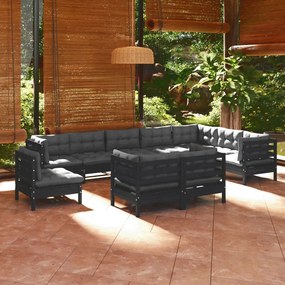 vidaXL 10 pcs conjunto lounge jardim c/ almofadões pinho maciço preto
