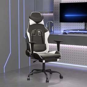 Cadeira gaming massagens c/ apoio pés couro artif. preto/branco