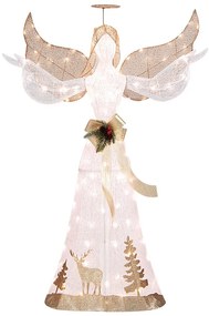 Anjo de Natal iluminado com 100 luzes brancas quentes, halo, laço e estacas para o solo 103 x 45 x 150 cm Branco + Dourado