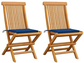 Cadeiras de jardim c/ almofadões azul real 2 pcs teca maciça