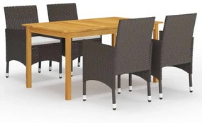 vidaXL 5 pcs conjunto de jantar p/ jardim c/ almofadões castanho