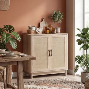 Aparador de sala 76 x 35 x 75,5 cm, móvel de arrumação com 2 portas em rattan, prateleira ajustável e cantos arredondados, cor carvalho
