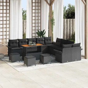 Conjunto de Sofá de Jardim vidaXL de 14 Peças com Almofadas Preto Rattan Poliéster Acácia