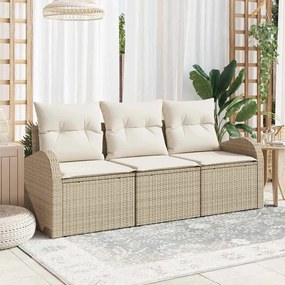 vidaXL Conjunto de Sofá de Jardim de 3 Peças com Almofadas Bege Polirattan