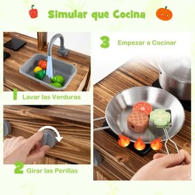 Cozinha brincar 68 x 35 x 97 cm com acessórios para 3+ anos com Vasos para plantas Torneira para plantas Lava-loiça amovível e fogão duplo Castanha