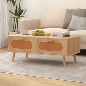 Mesa de centro em rattan 100 x 50 x 41 cm moderna com 2 gavetas e compartimento traseiro retangular com pernas de madeira para sala de estar Natural
