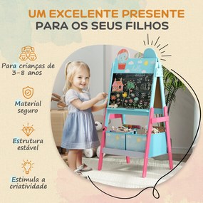 Cavalete para Crianças 2 em 1 Arsósia Infantil com Dupla Face 2 Caixas de Arrumação com Estampa em Animais 49x53,5x113 cm Azul