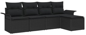 Conjunto de Sofá de Jardim com 5 Peças e Almofadas Pretas em Rattan