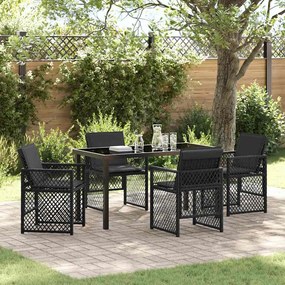 Conjunto de Jantar de 5 Peças do vidaXL com Almofadas Pretas de Poli Rattan