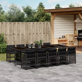 11 pcs conjunto de jantar p/ jardim c/ almofadões vime PE preto