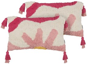 Conjunto de 2 almofadas decorativas com franjas em algodão rosa e branco 30 x 50 ACTAEA Beliani