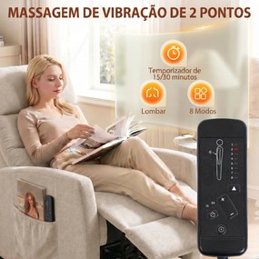 Poltrona de Massagem Reclinável com Apoio para Pés, 2 Zonas de Massagem, Encosto Alto, Bolsos, Estofada em Chenille Creme