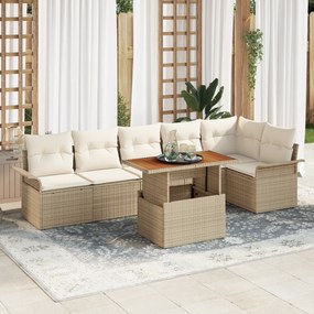 vidaXL Conjunto de Jantar de Jardim 7 Peças com Almofadas Bege Polirattan Acácia