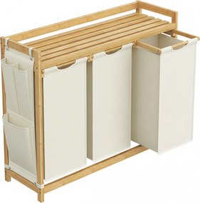Cesto da roupa suja com 3 compartimentos, bambu 150 L, 93,8 x 33,8 x 78 cm branco