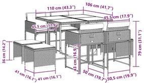 9 pcs conjunto de jantar p/ jardim c/ almofadões vime PE preto