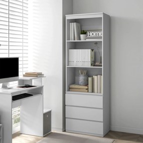 Estante com 180 cm de altura, com 3 prateleiras e 3 gavetas, 60 x 35 x 180 cm, em madeira branca