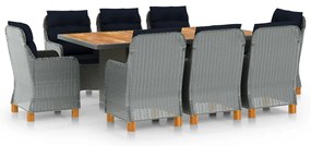 9 pcs conj. jantar exterior + almofadões vime PE cinzento-claro