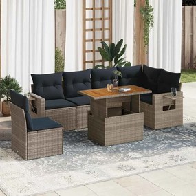 7 pcs conjunto sofás p/ jardim c/ almofadões vime PE cinzento