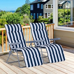 Conjunto de 2 espreguiçadeiras acolchoadas reclináveis e reclináveis com apoio para os pés para a praia ou para o acampamento - azul e branco - aço -