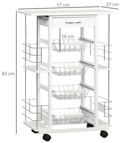 Carrinho de Cozinha com Rodas Carrinho de Cozinha com Bancada Gaveta 4 Cestas de Metal e 4 Suportes para Temperos Laterais para Cozinha 57x37x83cm Bra