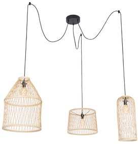 Candeeiro de suspensão exterior inteligente em vime 3 luzes com LED - Calamus Rústico
