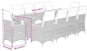 11 pcs conjunto bistrô de jardim c/ almofadões vime PE cinzento