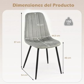 Conjunto de 4 Cadeiras de Jantar, 54 x 44,5 x 87 cm (MESA NÃO INCLUIDA), Estrutura Metálica Reforçada, Cinzento