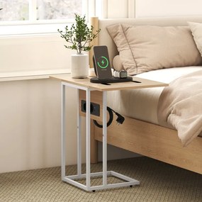 Mesa Auxiliar com Estação de Carga com Tampo Dobrável e Pés Ajustáveis 39x29x57 cm Branco e Madeira