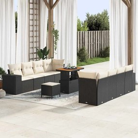 Conjunto de Sofá de Jardim vidaXL com Almofadas Preto Vime Poliéster Acácia
