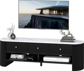 Móvel para TV de 140 cm, móvel para televisor de 65 polegadas com efeito de mármore, 3 gavetas com frentes caneladas e 2 prateleiras pretas