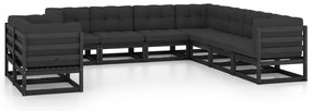 9pcs conjunto longue de jardim c/ almofadões pinho maciço preto