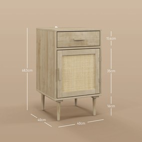Mesa de cabeceira com armário e prateleira em rattan trançado, 1 gaveta, estilo boémio - 40 x 40 x 68,5 cm, natural