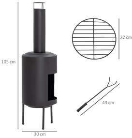 Outsunny Lareira de Jardim Braseiro Exterior de Metal com Atiçador e Chaminé para Fumaça para Varanda Campismo Ar Livre 30x30x105cm Preto